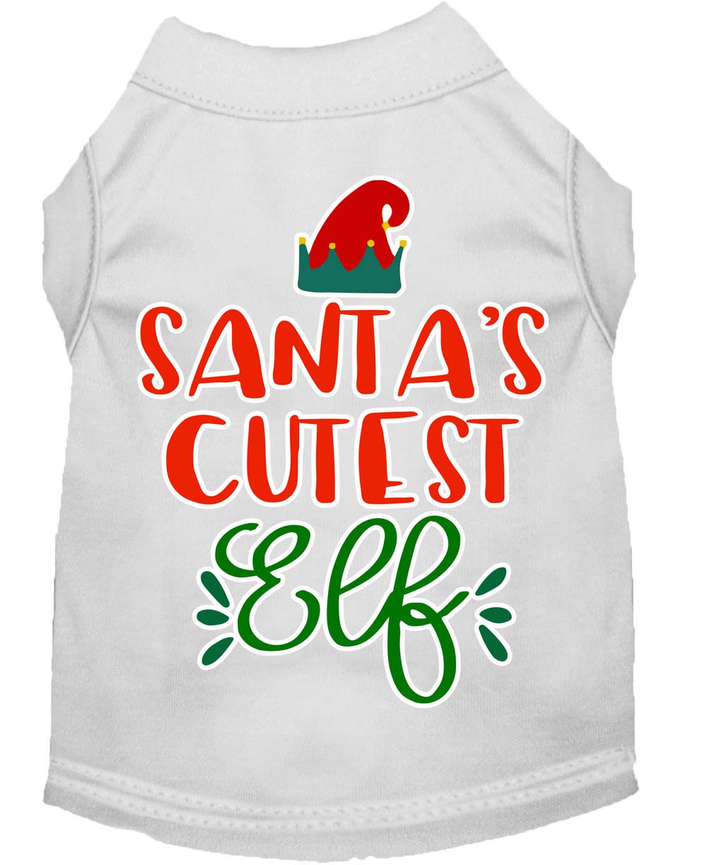 A festive Christmas shirt for pets featuring 'Santa's Cutest Elf' design, made from soft cotton-polyester blend, perfect for dogs and cats.