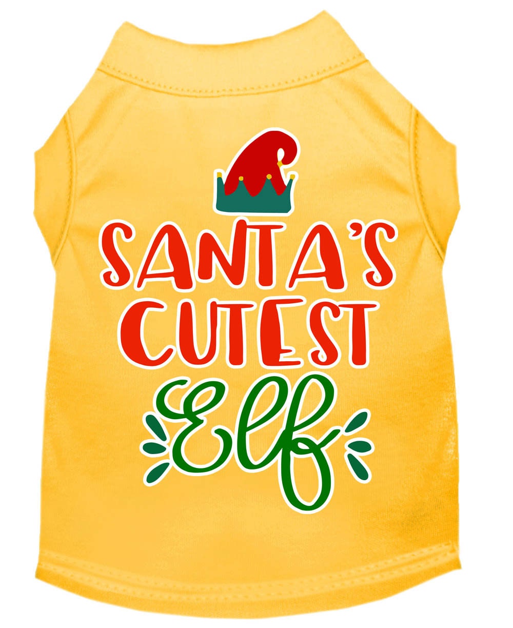 A festive Christmas shirt for pets featuring 'Santa's Cutest Elf' design, made from soft cotton-polyester blend, perfect for dogs and cats.