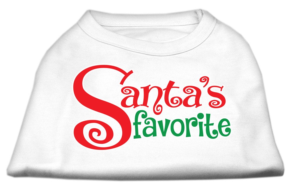 A festive Christmas shirt for dogs and cats, featuring the text 'Santa's Favorite' in a cheerful design, made from soft cotton and polyester blend.