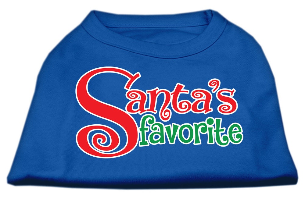 A festive Christmas shirt for dogs and cats, featuring the text 'Santa's Favorite' in a cheerful design, made from soft cotton and polyester blend.