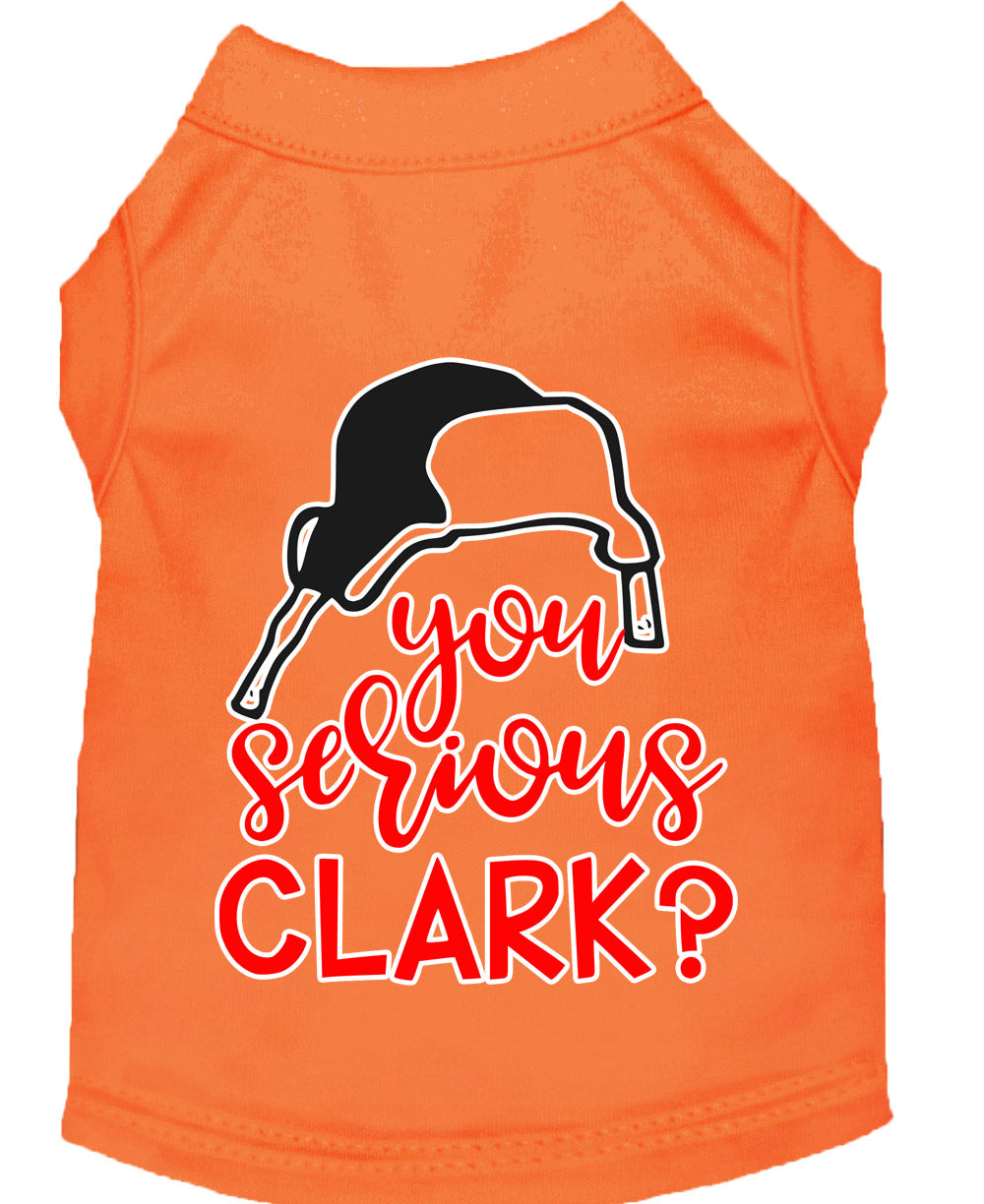 A festive Christmas shirt for dogs and cats featuring the phrase 'You Serious, Clark?' in a playful design, made from soft cotton and polyester blend.