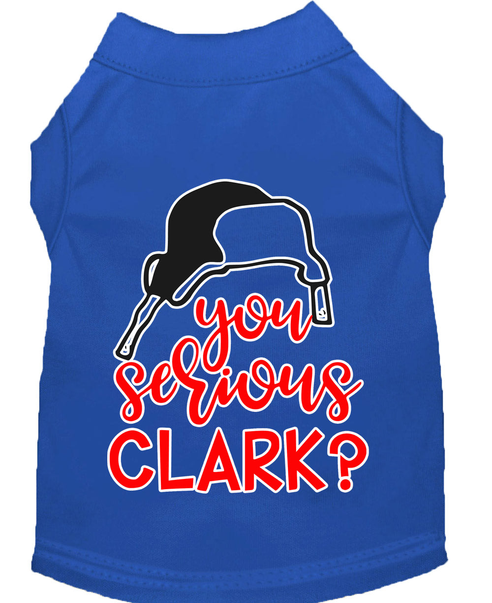 A festive Christmas shirt for dogs and cats featuring the phrase 'You Serious, Clark?' in a playful design, made from soft cotton and polyester blend.
