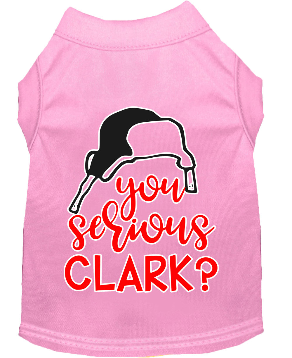 A festive Christmas shirt for dogs and cats featuring the phrase 'You Serious, Clark?' in a playful design, made from soft cotton and polyester blend.