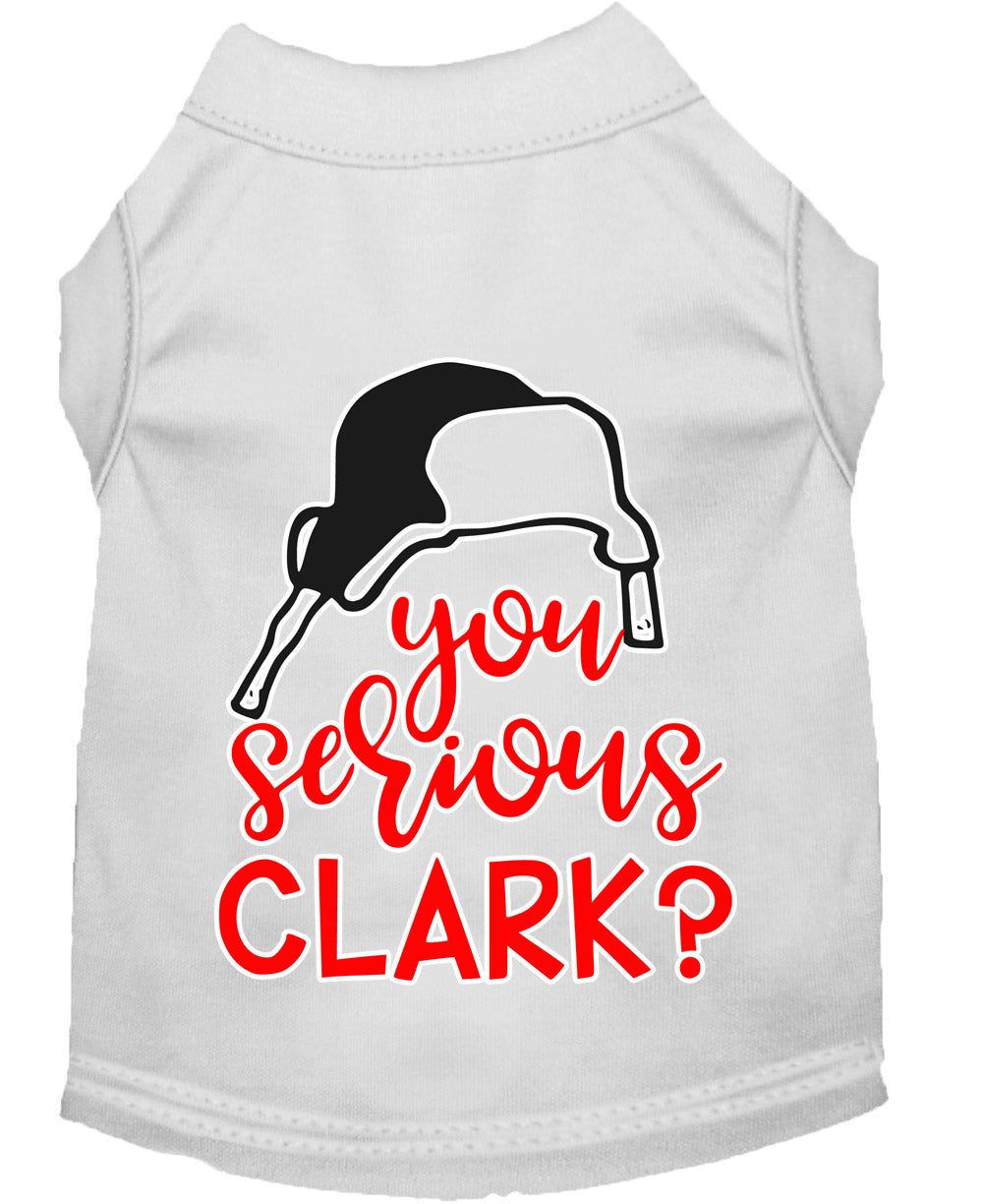 A festive Christmas shirt for dogs and cats featuring the phrase 'You Serious, Clark?' in a playful design, made from soft cotton and polyester blend.