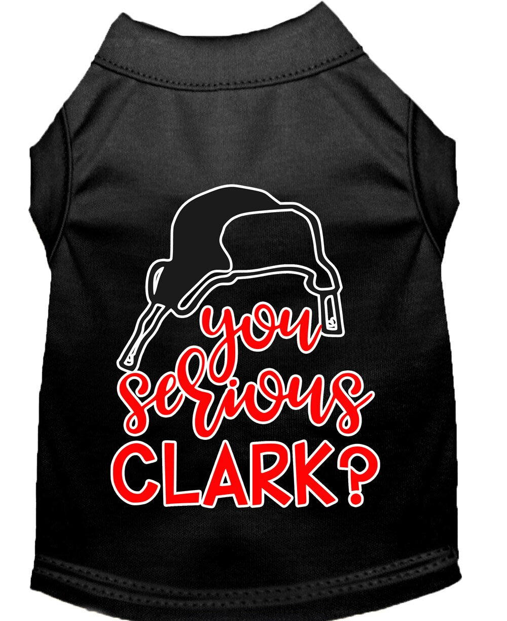 A festive Christmas shirt for dogs and cats featuring the phrase 'You Serious, Clark?' in a playful design, made from soft cotton and polyester blend.
