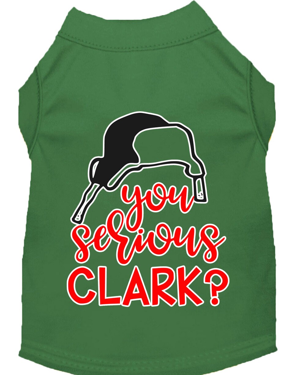 A festive Christmas shirt for dogs and cats featuring the phrase 'You Serious, Clark?' in a playful design, made from soft cotton and polyester blend.