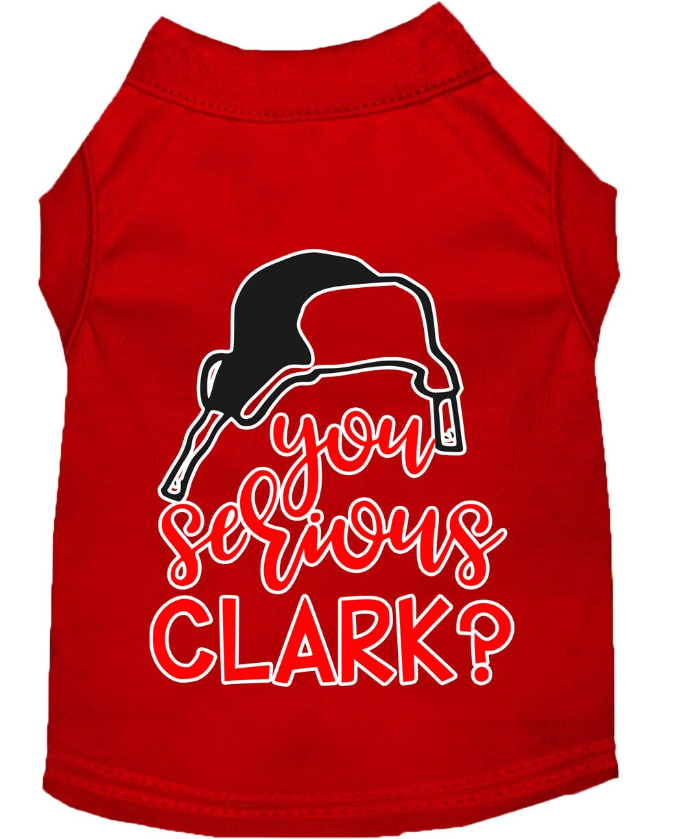 A festive Christmas shirt for dogs and cats featuring the phrase 'You Serious, Clark?' in a playful design, made from soft cotton and polyester blend.