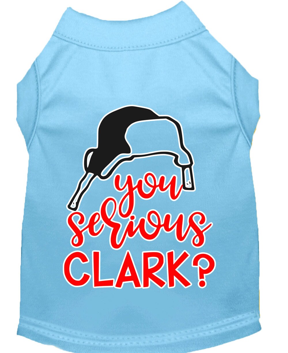 A festive Christmas shirt for dogs and cats featuring the phrase 'You Serious, Clark?' in a playful design, made from soft cotton and polyester blend.