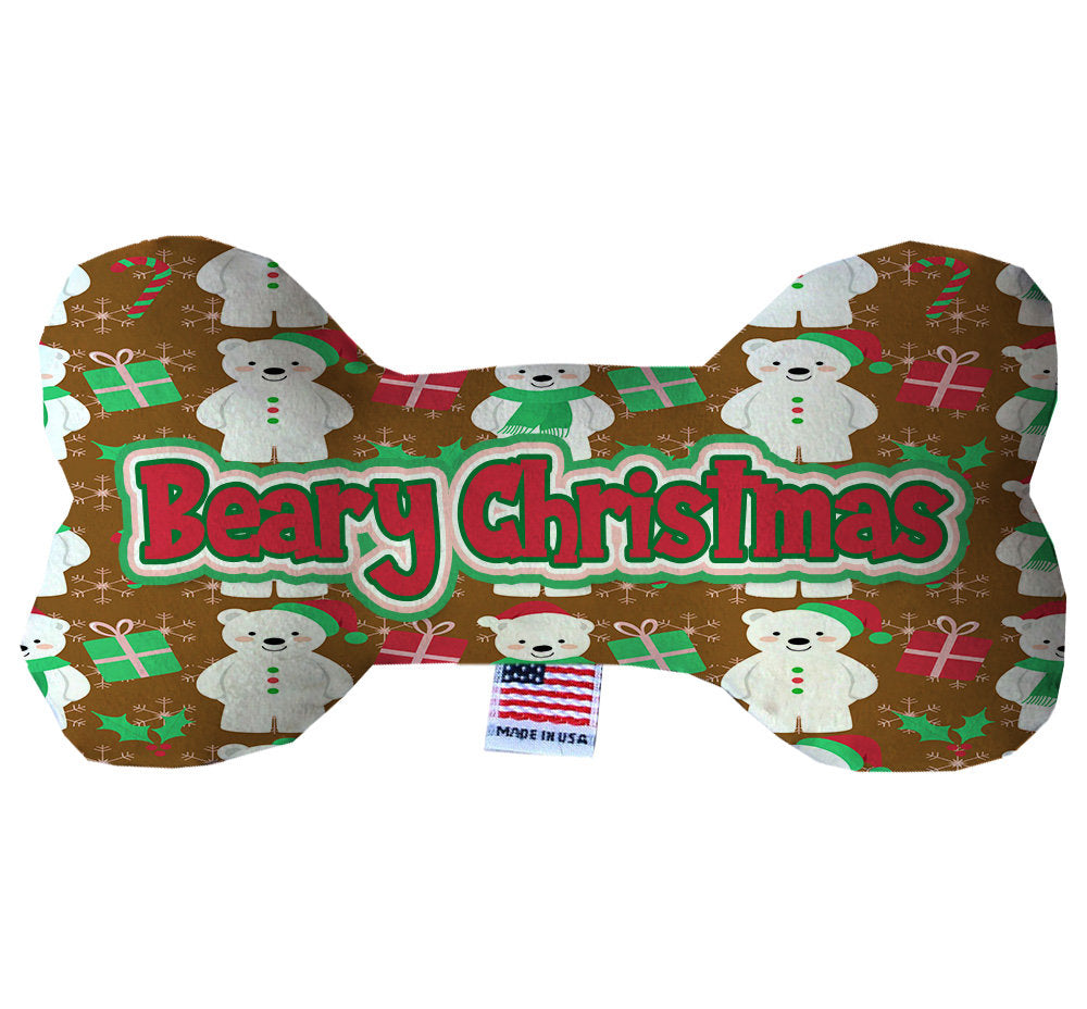 A festive plush bone toy for dogs, featuring a cute bear design and soft texture, perfect for Christmas playtime.