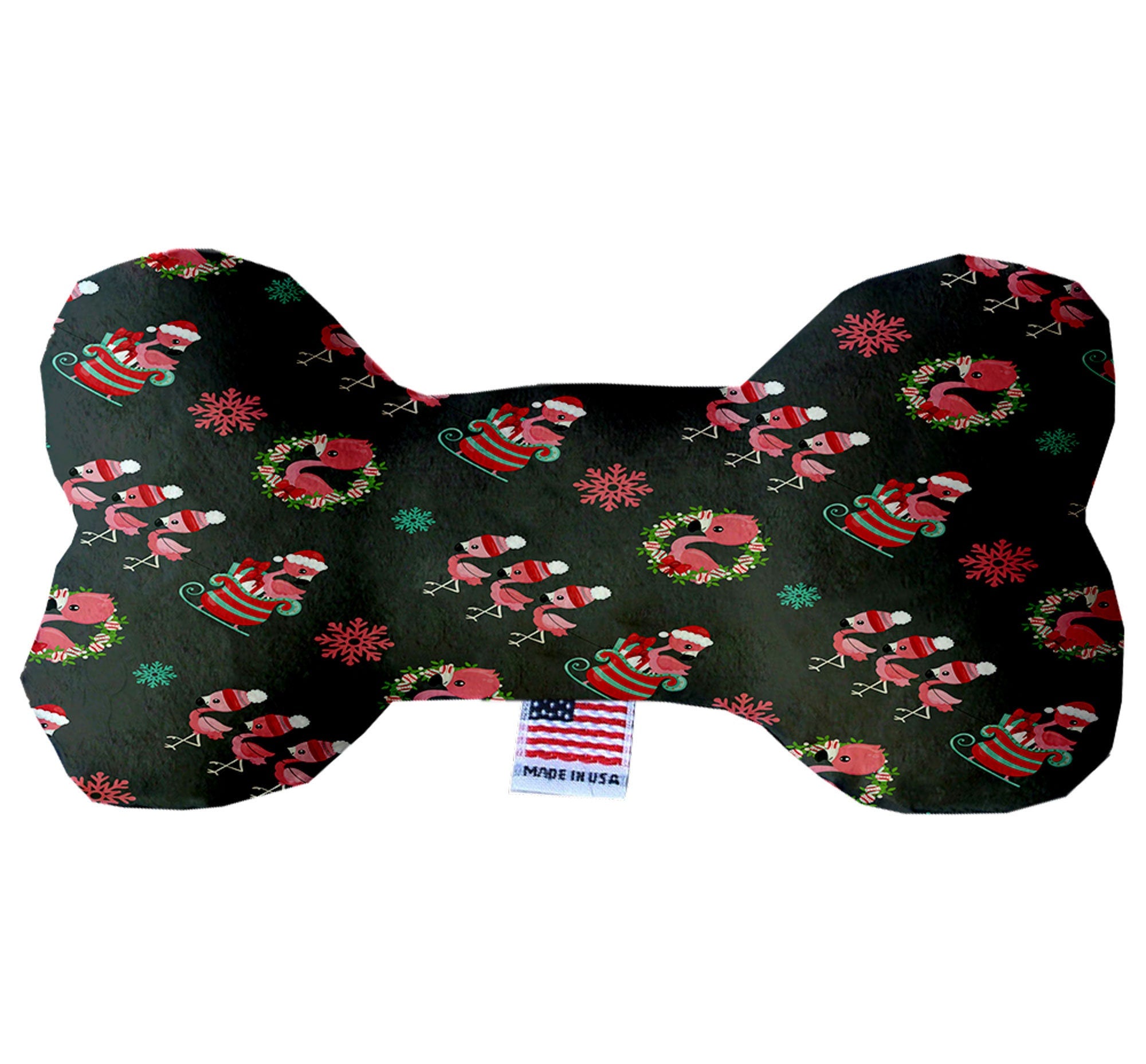 A plush bone toy designed for dogs, featuring a festive Christmas flamingo design, soft texture, and squeakers, perfect for holiday playtime.