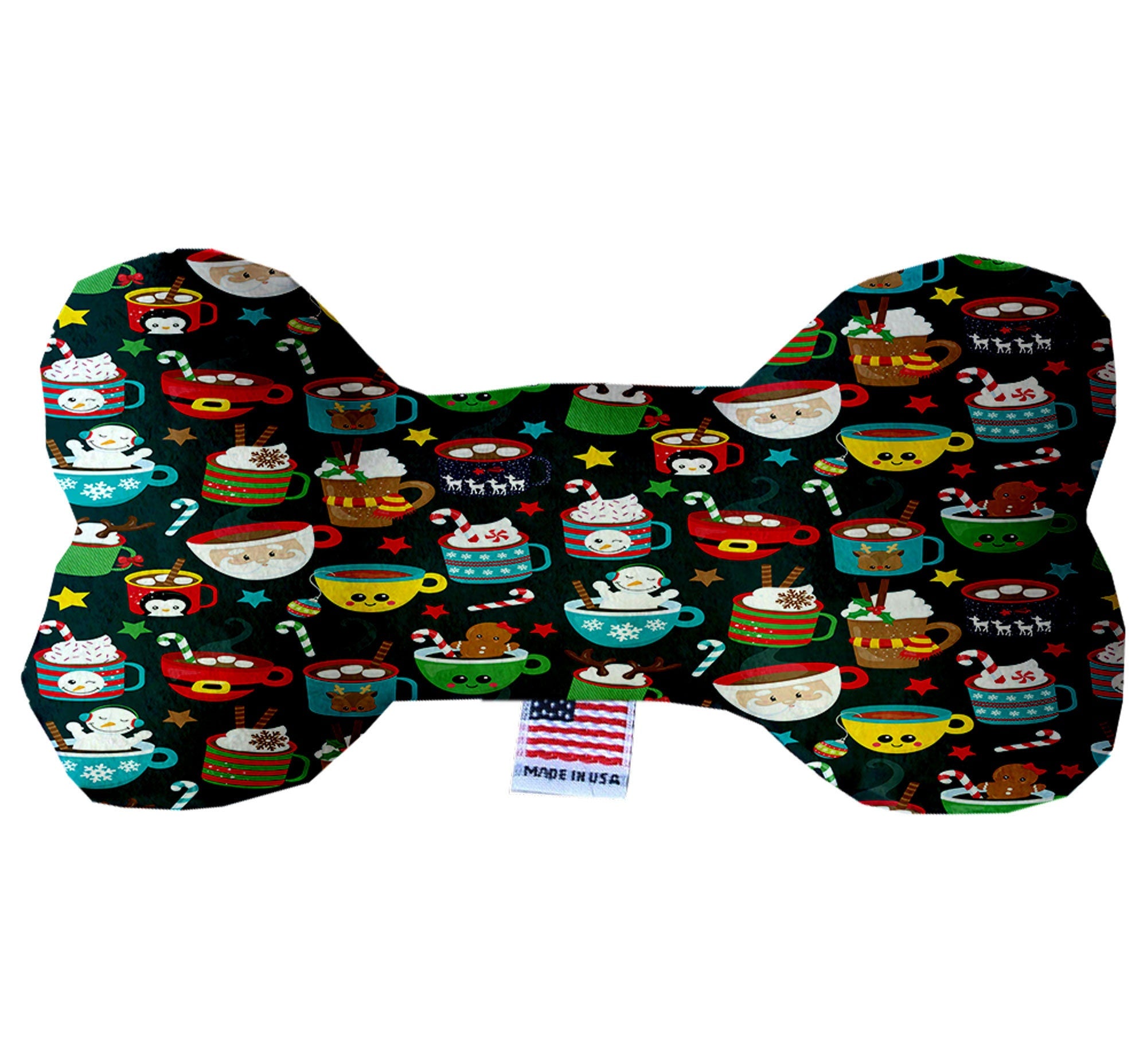 A festive plush bone toy for dogs, featuring a 'Christmas Mugs' design, soft texture, and squeakers, perfect for holiday playtime.
