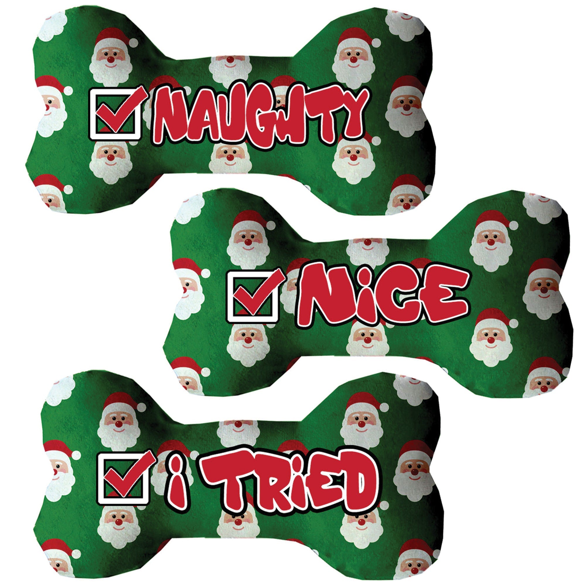 Christmas-themed plush bone toy for dogs with 'Naughty, Nice, or I Tried' design, available in three sizes, soft and cuddly.