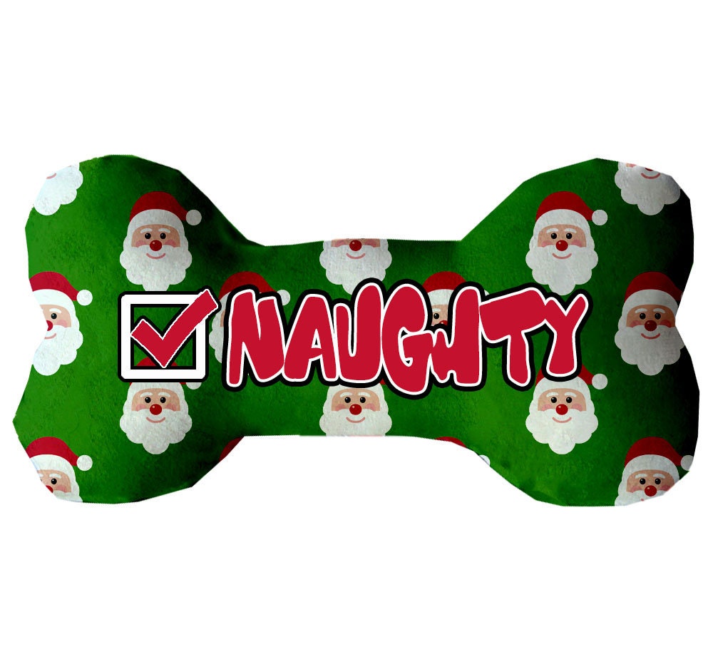 Christmas-themed plush bone toy for dogs with 'Naughty, Nice, or I Tried' design, available in three sizes, soft and cuddly.