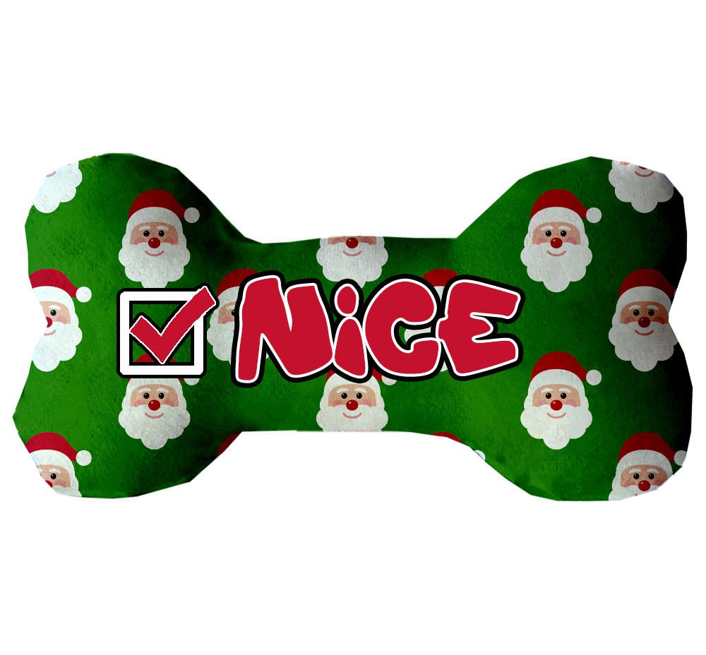 Christmas-themed plush bone toy for dogs with 'Naughty, Nice, or I Tried' design, available in three sizes, soft and cuddly.