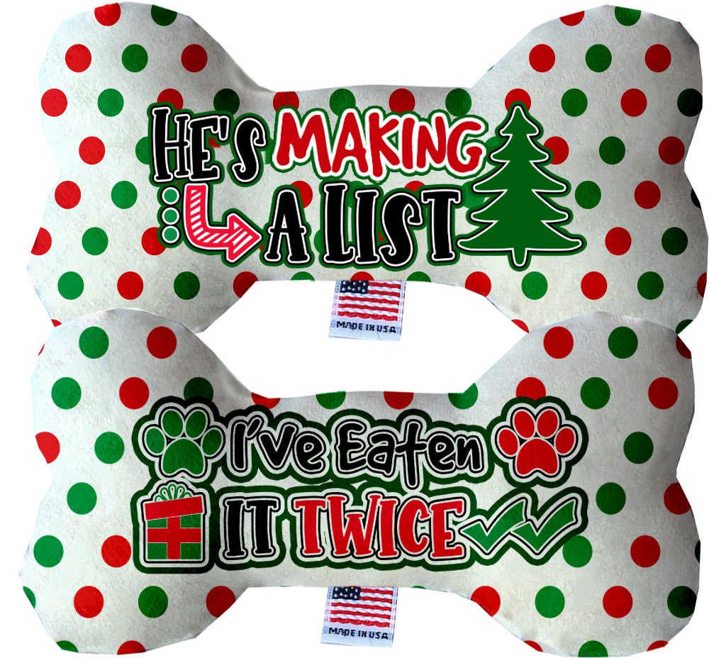 Christmas-themed plush double-sided bone toy for dogs, featuring a festive design and soft texture, perfect for indoor play.