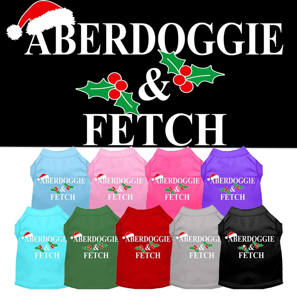 A festive Christmas Screenprinted Dog Shirt featuring the design 'Aberdoggie & Fetch', made from a soft cotton-polyester blend, perfect for holiday celebrations.