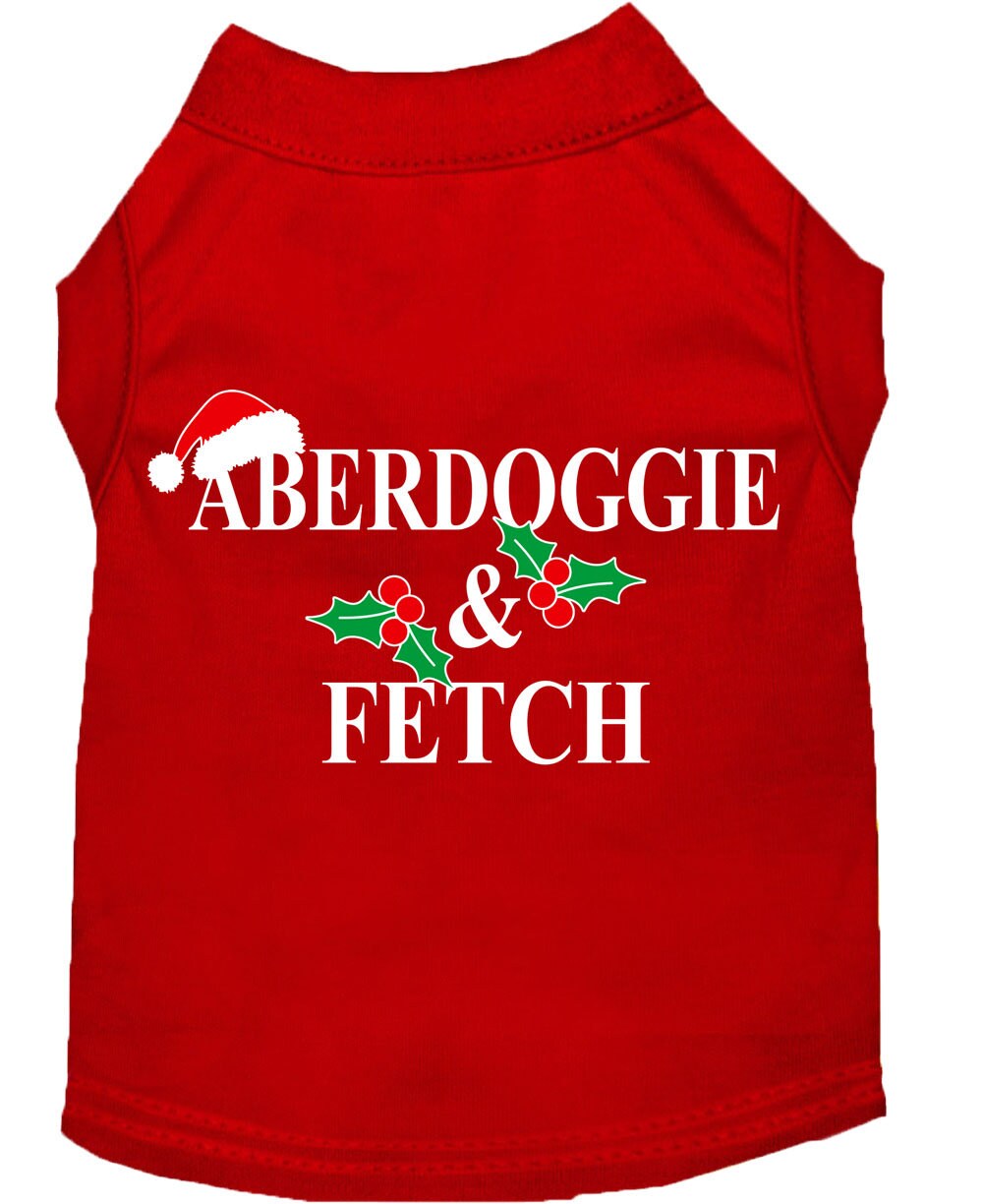 A festive Christmas Screenprinted Dog Shirt featuring the design 'Aberdoggie & Fetch', made from a soft cotton-polyester blend, perfect for holiday celebrations.