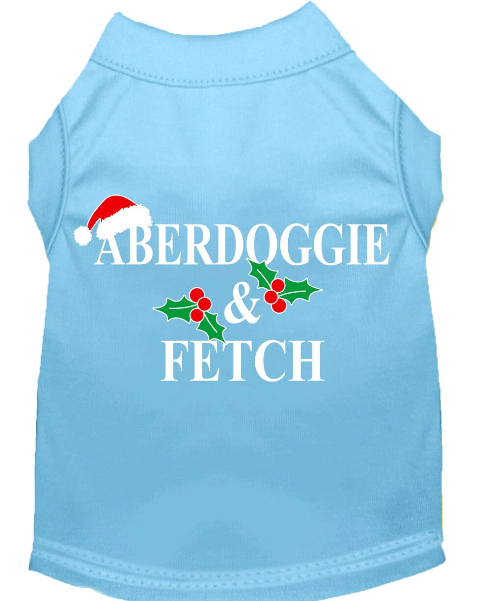 A festive Christmas Screenprinted Dog Shirt featuring the design 'Aberdoggie & Fetch', made from a soft cotton-polyester blend, perfect for holiday celebrations.