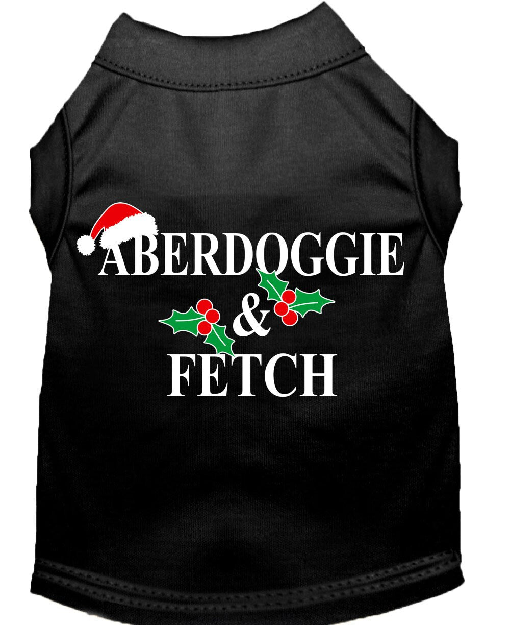 A festive Christmas Screenprinted Dog Shirt featuring the design 'Aberdoggie & Fetch', made from a soft cotton-polyester blend, perfect for holiday celebrations.