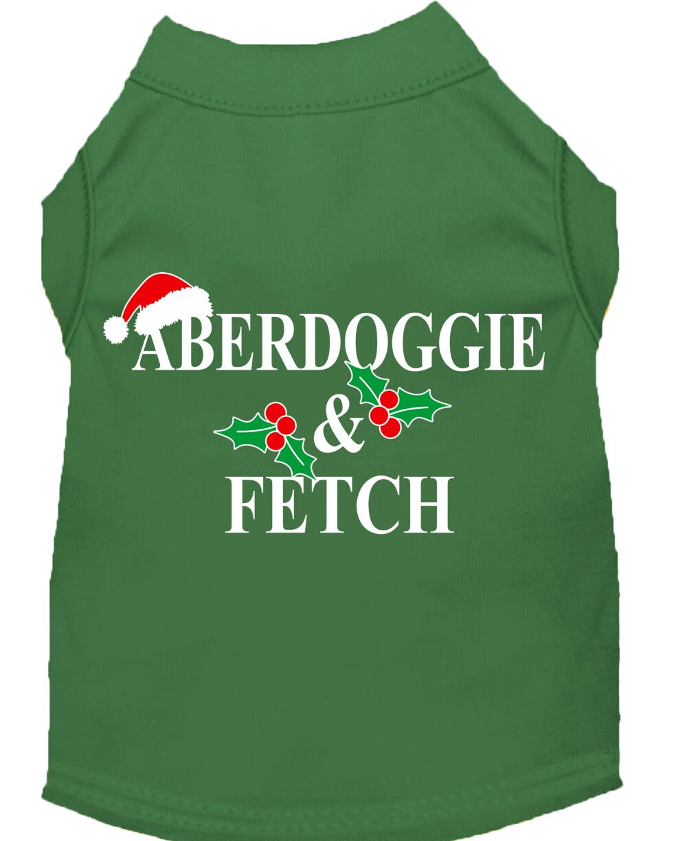 A festive Christmas Screenprinted Dog Shirt featuring the design 'Aberdoggie & Fetch', made from a soft cotton-polyester blend, perfect for holiday celebrations.