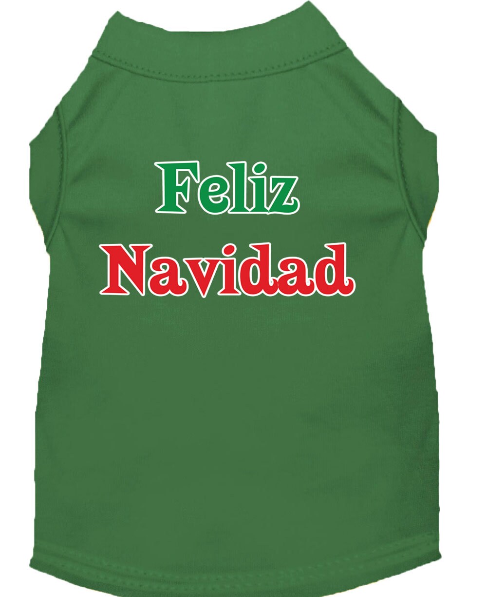 A festive Christmas dog shirt featuring 'Feliz Navidad' print, designed for comfort and durability, suitable for all dog breeds.