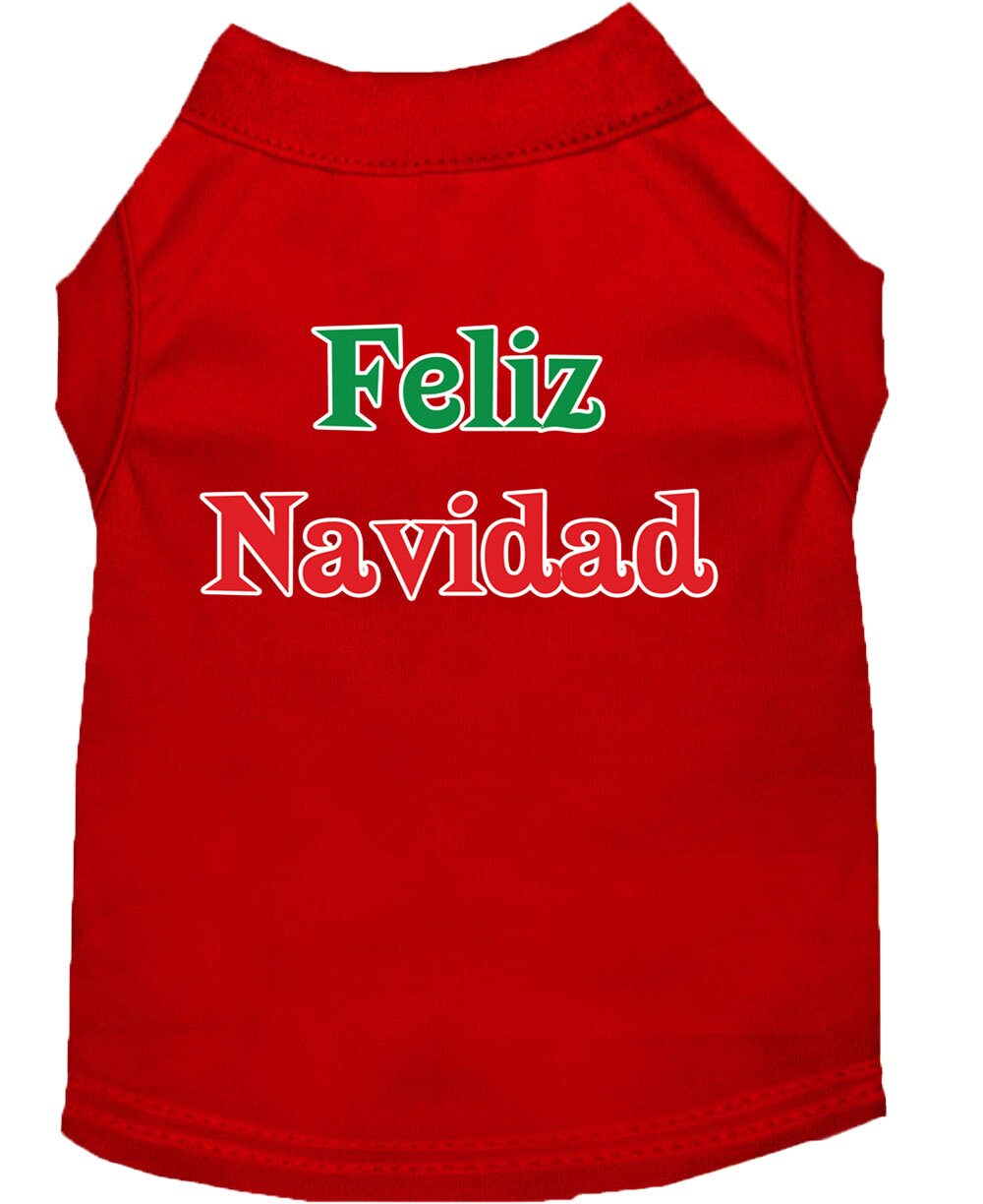 A festive Christmas dog shirt featuring 'Feliz Navidad' print, designed for comfort and durability, suitable for all dog breeds.