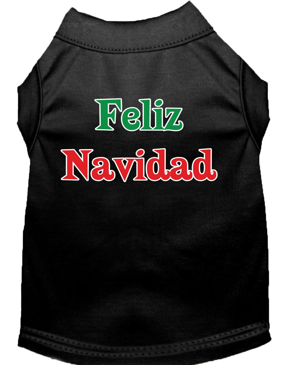 A festive Christmas dog shirt featuring 'Feliz Navidad' print, designed for comfort and durability, suitable for all dog breeds.