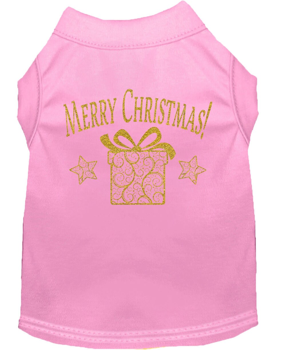 A festive Christmas Screenprinted Dog Shirt featuring a golden present design, perfect for holiday celebrations.