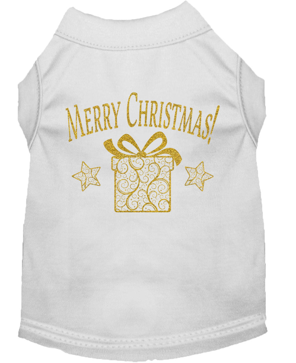 A festive Christmas Screenprinted Dog Shirt featuring a golden present design, perfect for holiday celebrations.
