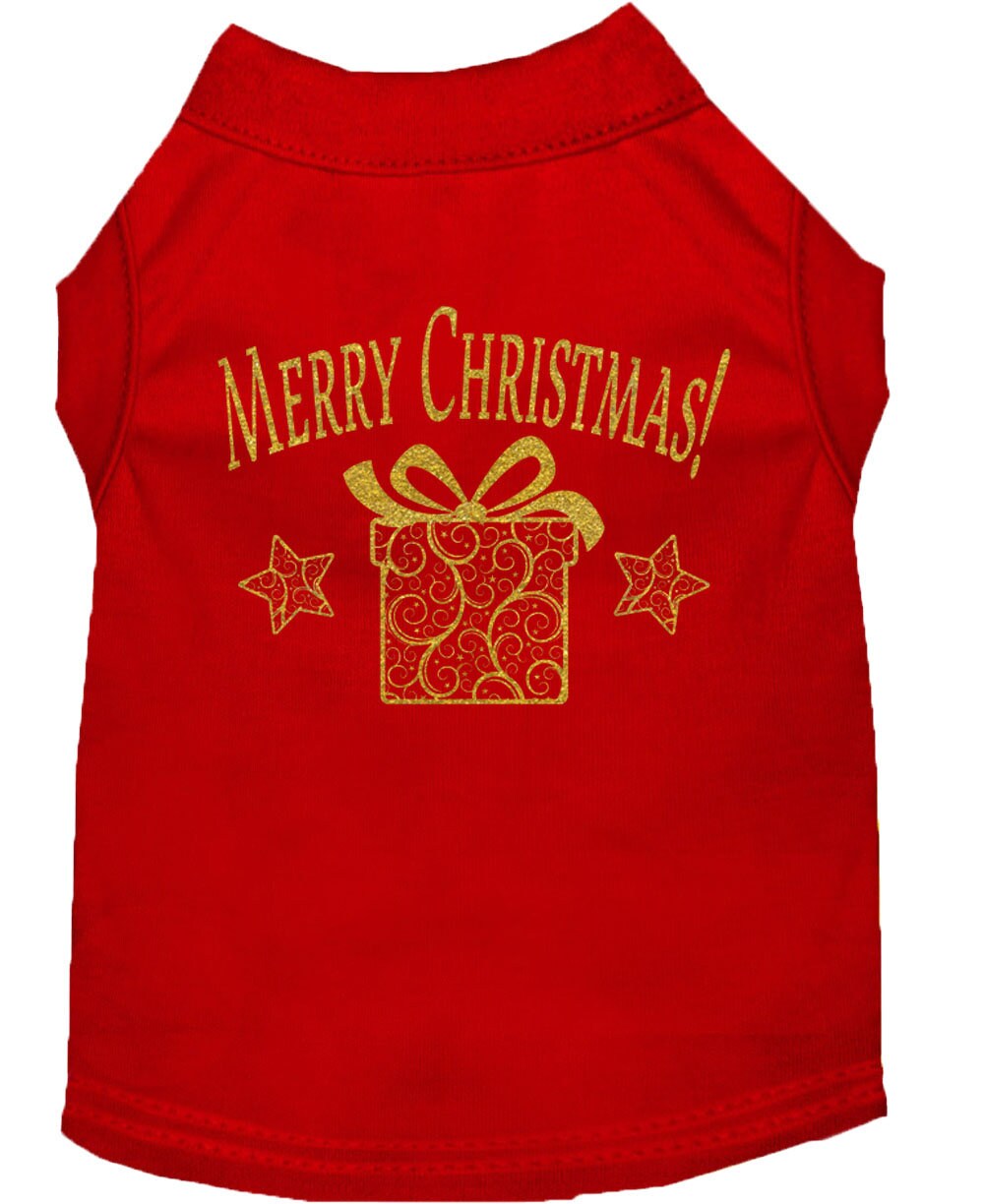 A festive Christmas Screenprinted Dog Shirt featuring a golden present design, perfect for holiday celebrations.