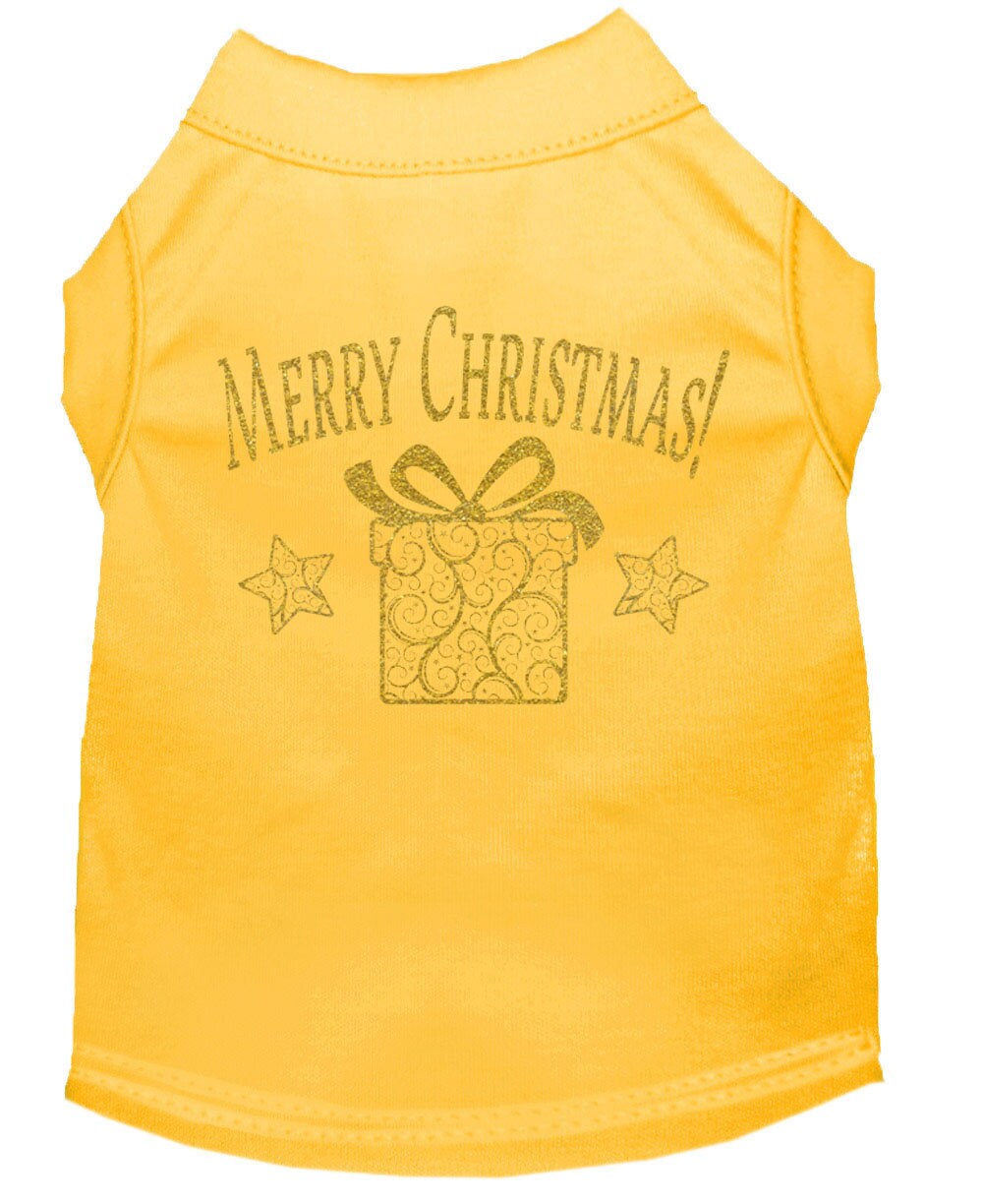 A festive Christmas Screenprinted Dog Shirt featuring a golden present design, perfect for holiday celebrations.