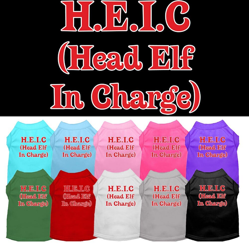 A festive Christmas dog shirt featuring the text 'Head Elf In Charge', designed for comfort and style.