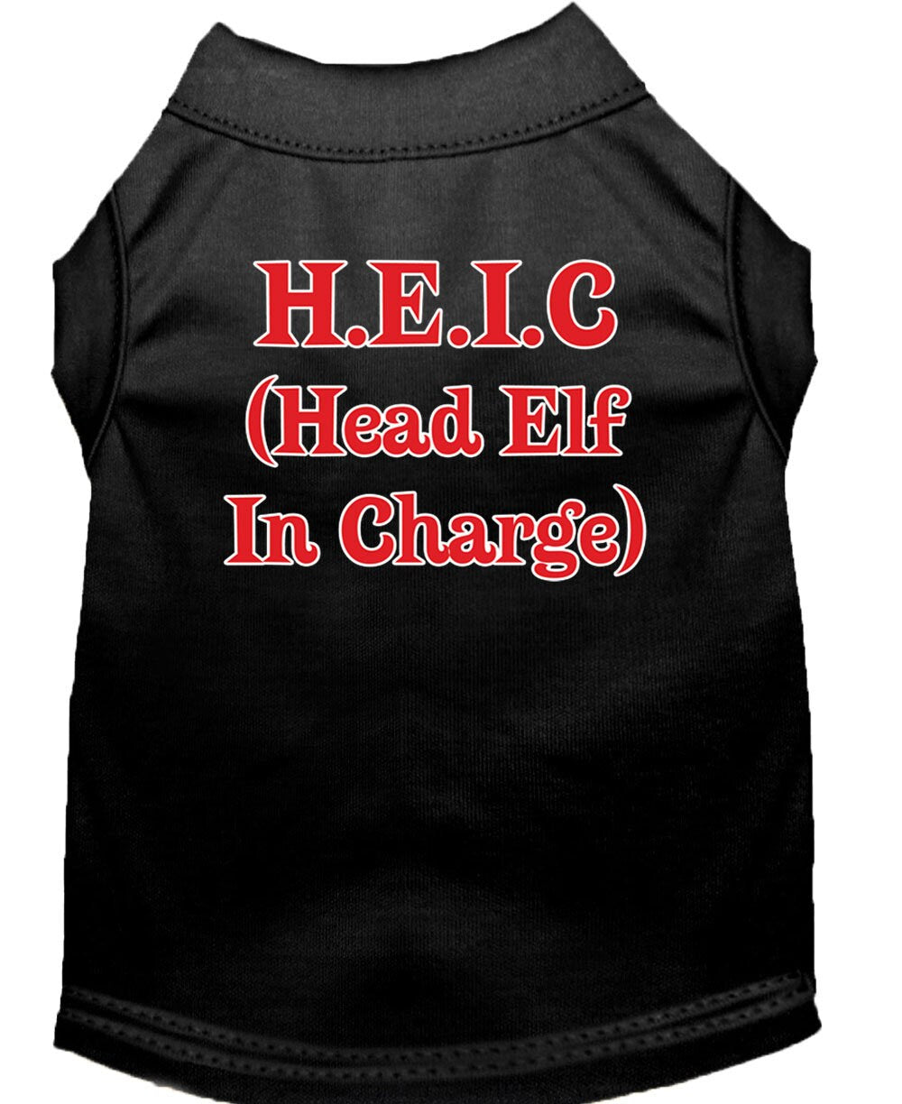 A festive Christmas dog shirt featuring the text 'Head Elf In Charge', designed for comfort and style.