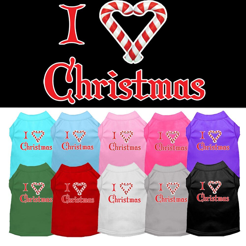 A soft and comfy Christmas dog shirt featuring the text 'I Heart Christmas', perfect for festive occasions.