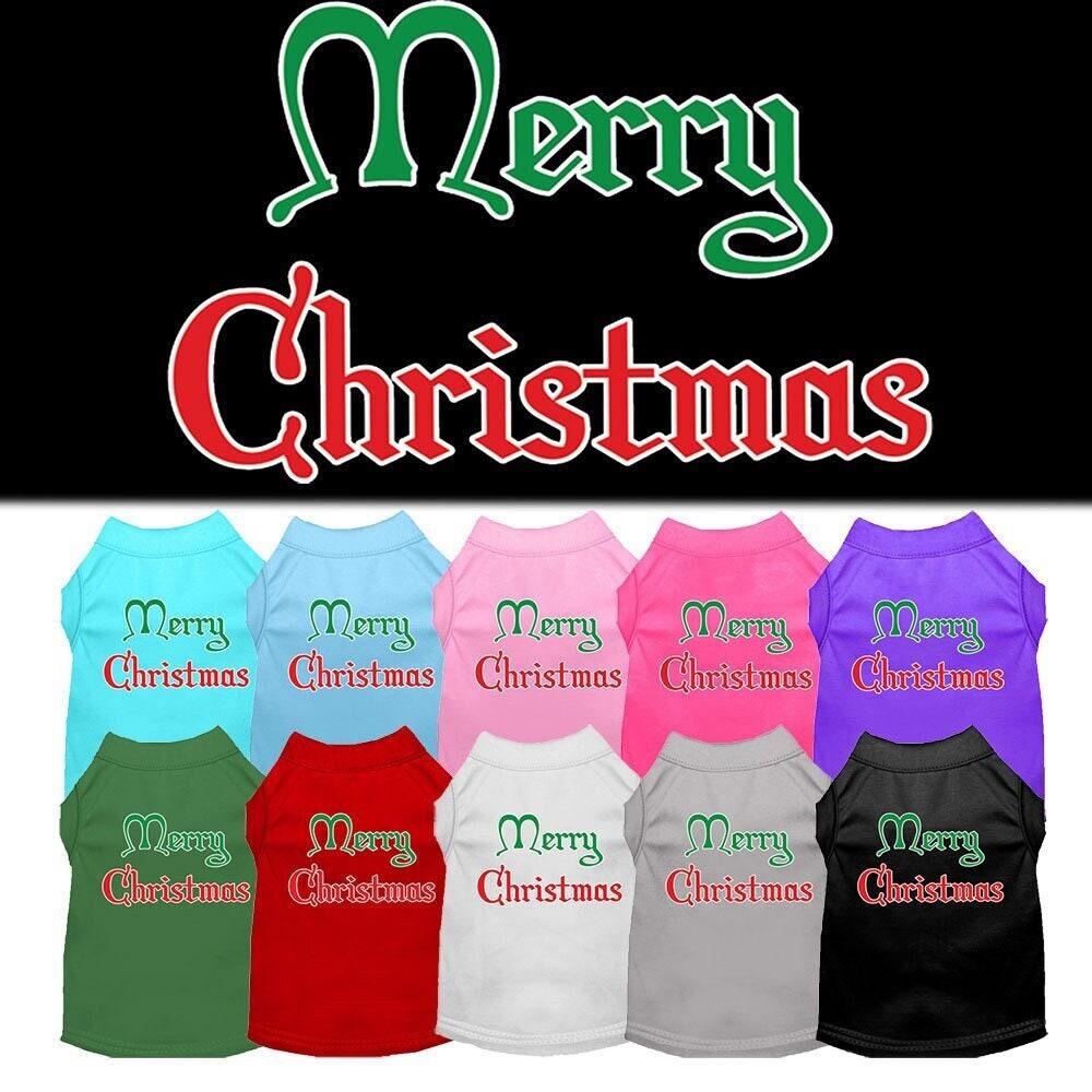A soft and comfy Christmas Screenprinted Dog Shirt featuring the text 'Merry Christmas', perfect for festive celebrations.