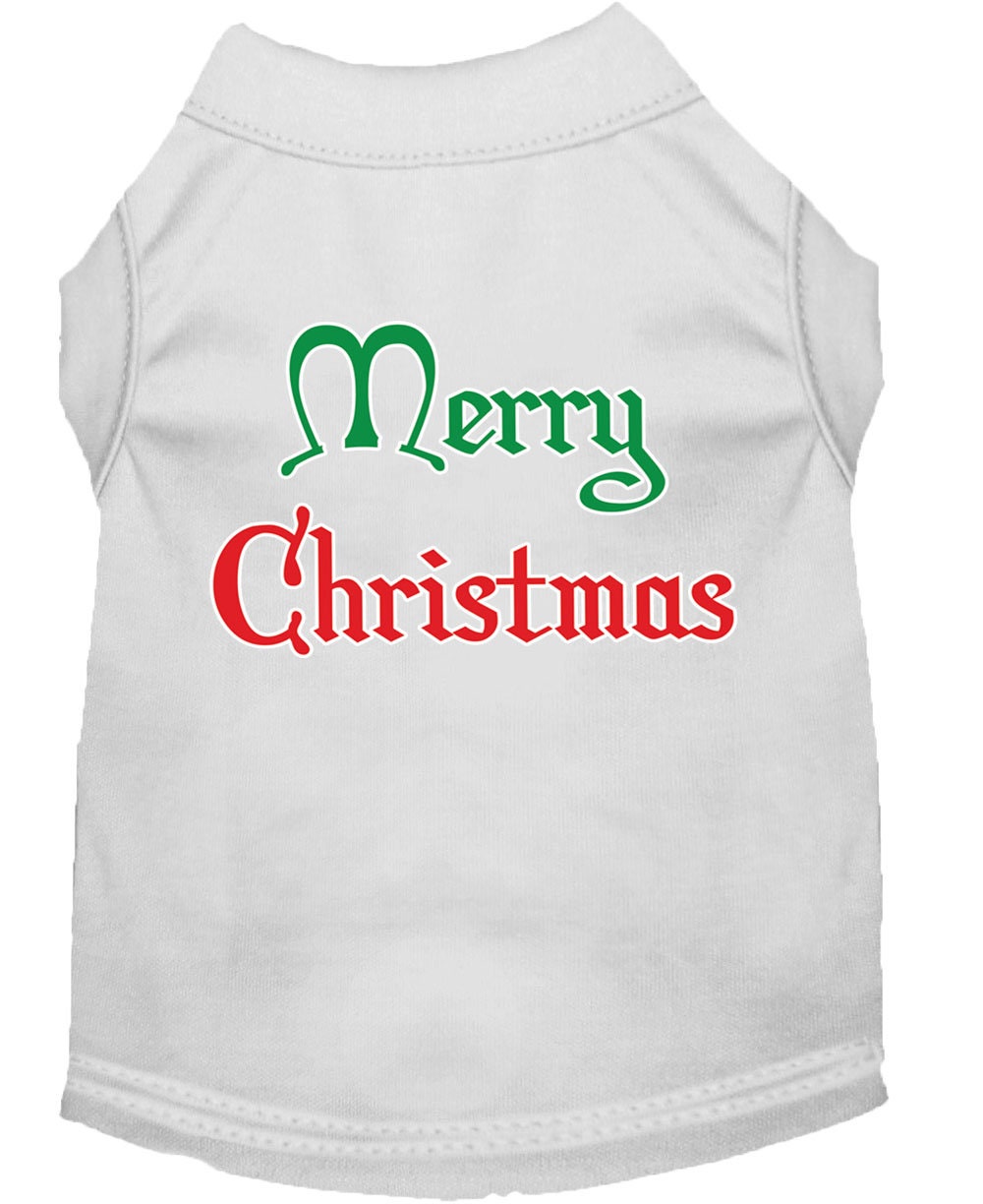 A soft and comfy Christmas Screenprinted Dog Shirt featuring the text 'Merry Christmas', perfect for festive celebrations.