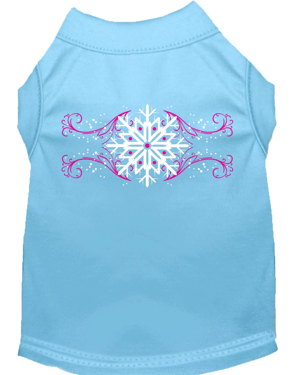 A soft and comfy Christmas dog shirt featuring pink snowflake swirls, perfect for festive occasions.