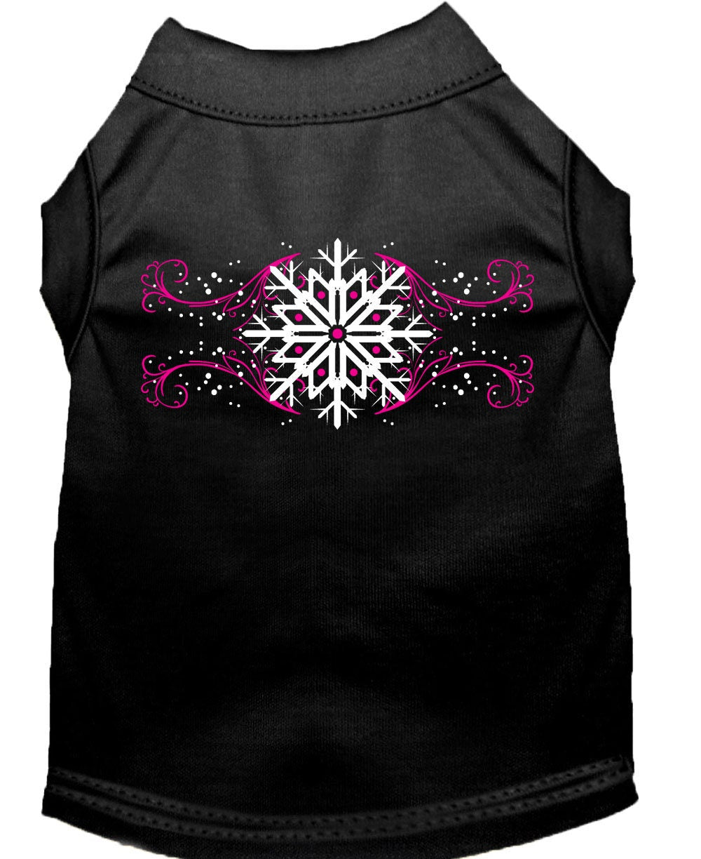 A soft and comfy Christmas dog shirt featuring pink snowflake swirls, perfect for festive occasions.