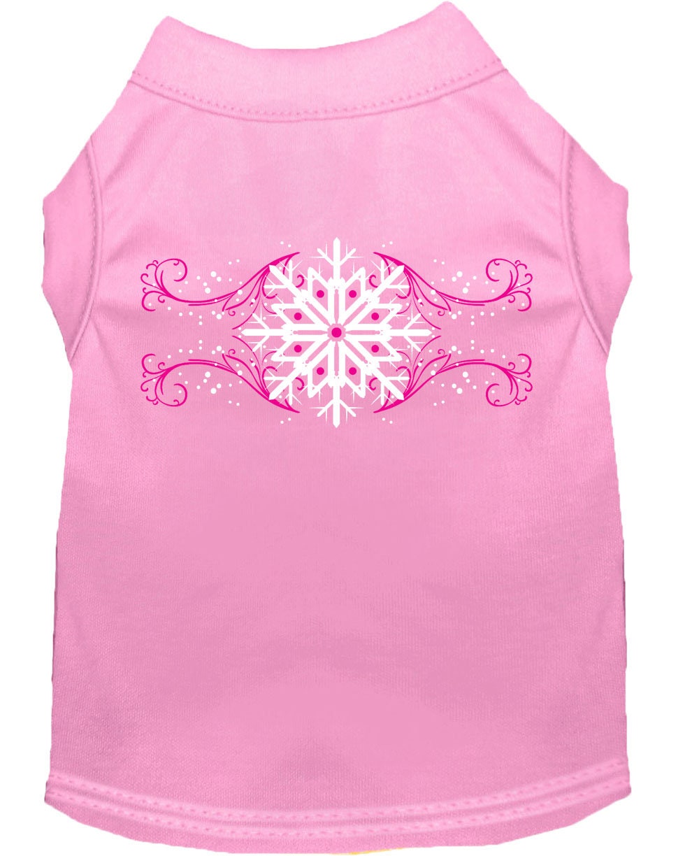 A soft and comfy Christmas dog shirt featuring pink snowflake swirls, perfect for festive occasions.