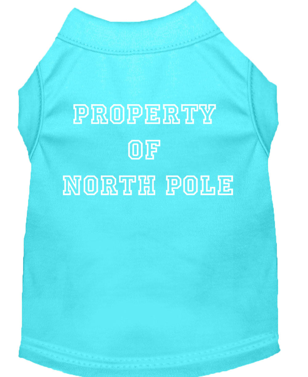 A festive Christmas dog shirt featuring the text 'Property Of North Pole', designed for comfort and durability, perfect for holiday celebrations.