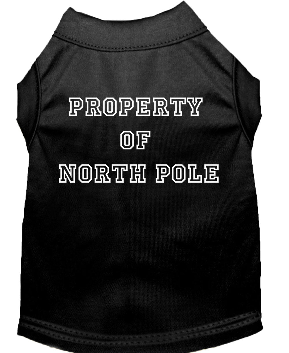 A festive Christmas dog shirt featuring the text 'Property Of North Pole', designed for comfort and durability, perfect for holiday celebrations.