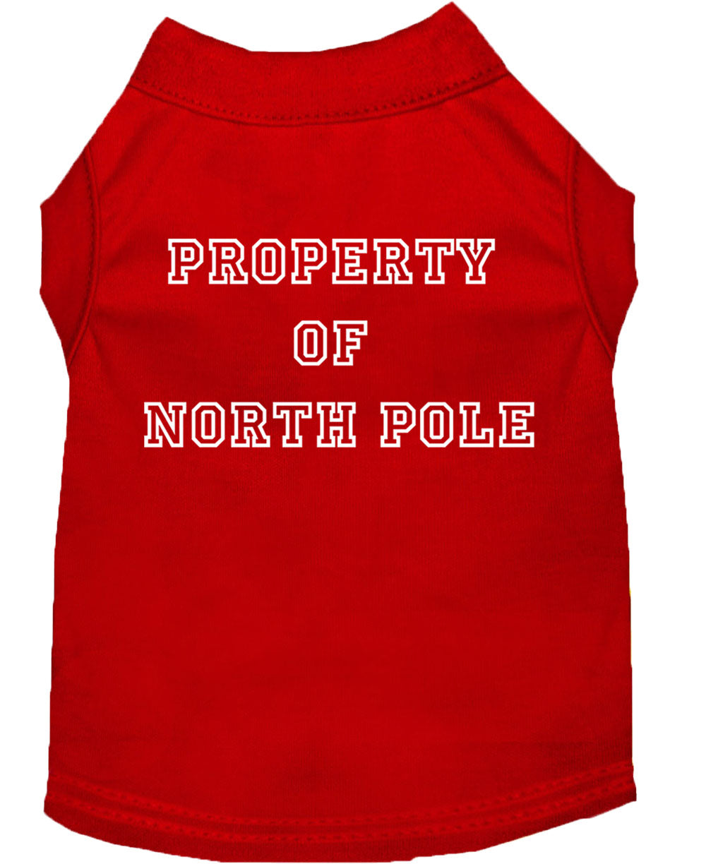 A festive Christmas dog shirt featuring the text 'Property Of North Pole', designed for comfort and durability, perfect for holiday celebrations.