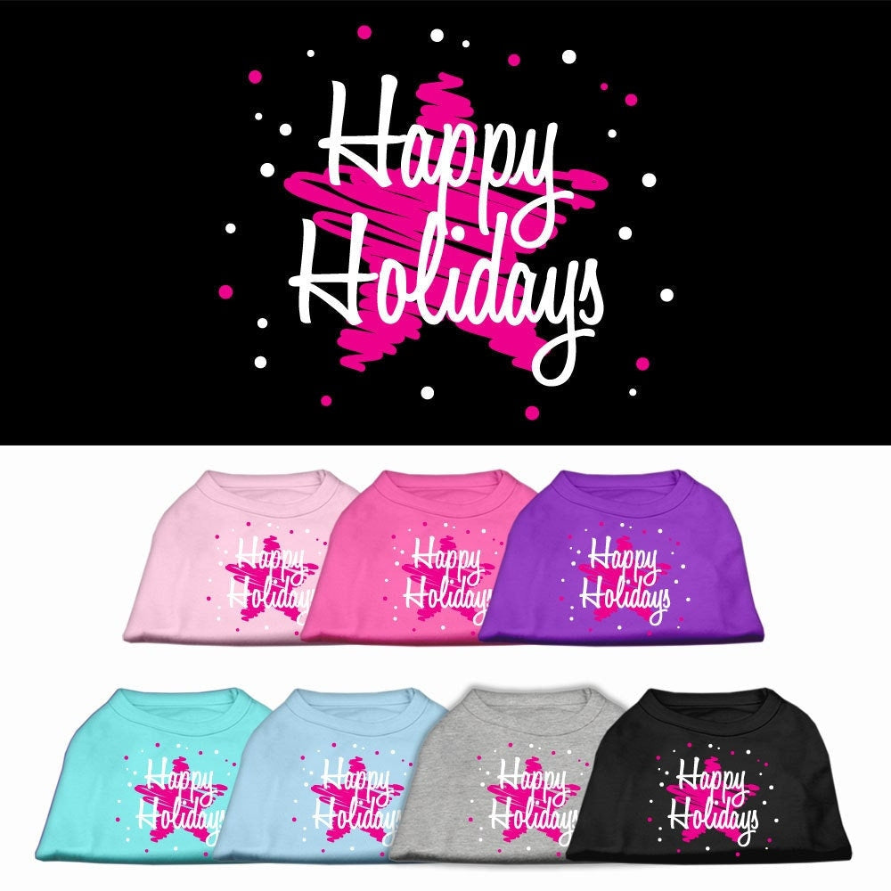 A festive Christmas Screenprinted Dog Shirt featuring the design 'Scribble Happy Holidays', made from soft cotton-polyester blend.