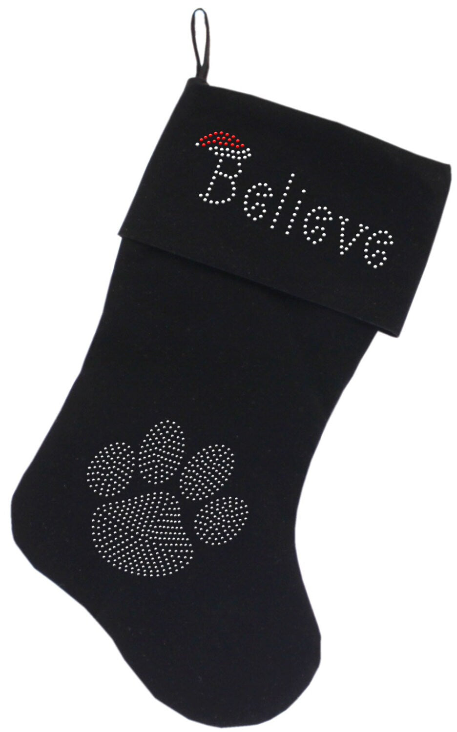 A luxurious 18-inch Christmas stocking made of soft velvet, featuring a sparkling rhinestone design that spells 'Believe', perfect for holiday decor.