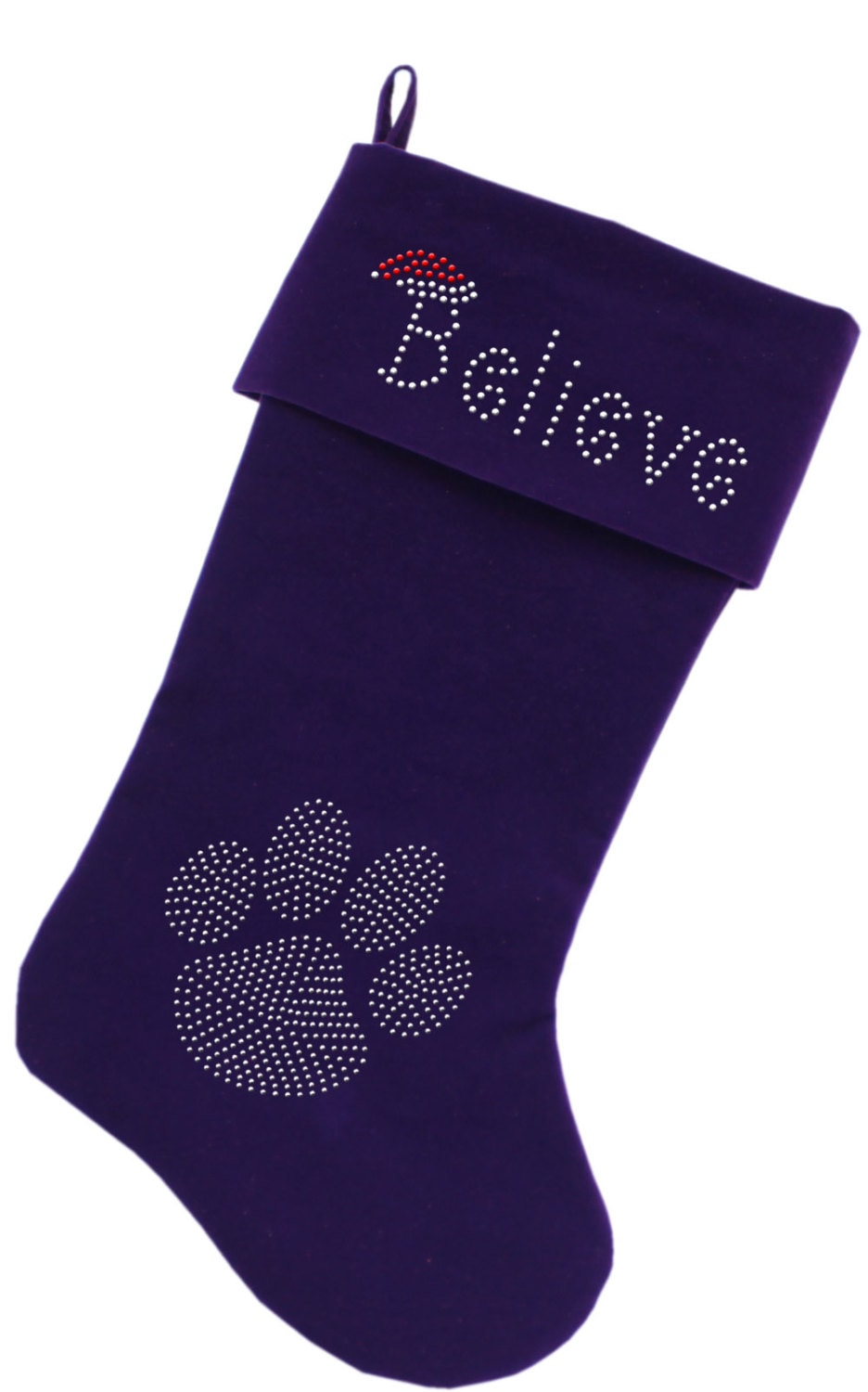 A luxurious 18-inch Christmas stocking made of soft velvet, featuring a sparkling rhinestone design that spells 'Believe', perfect for holiday decor.