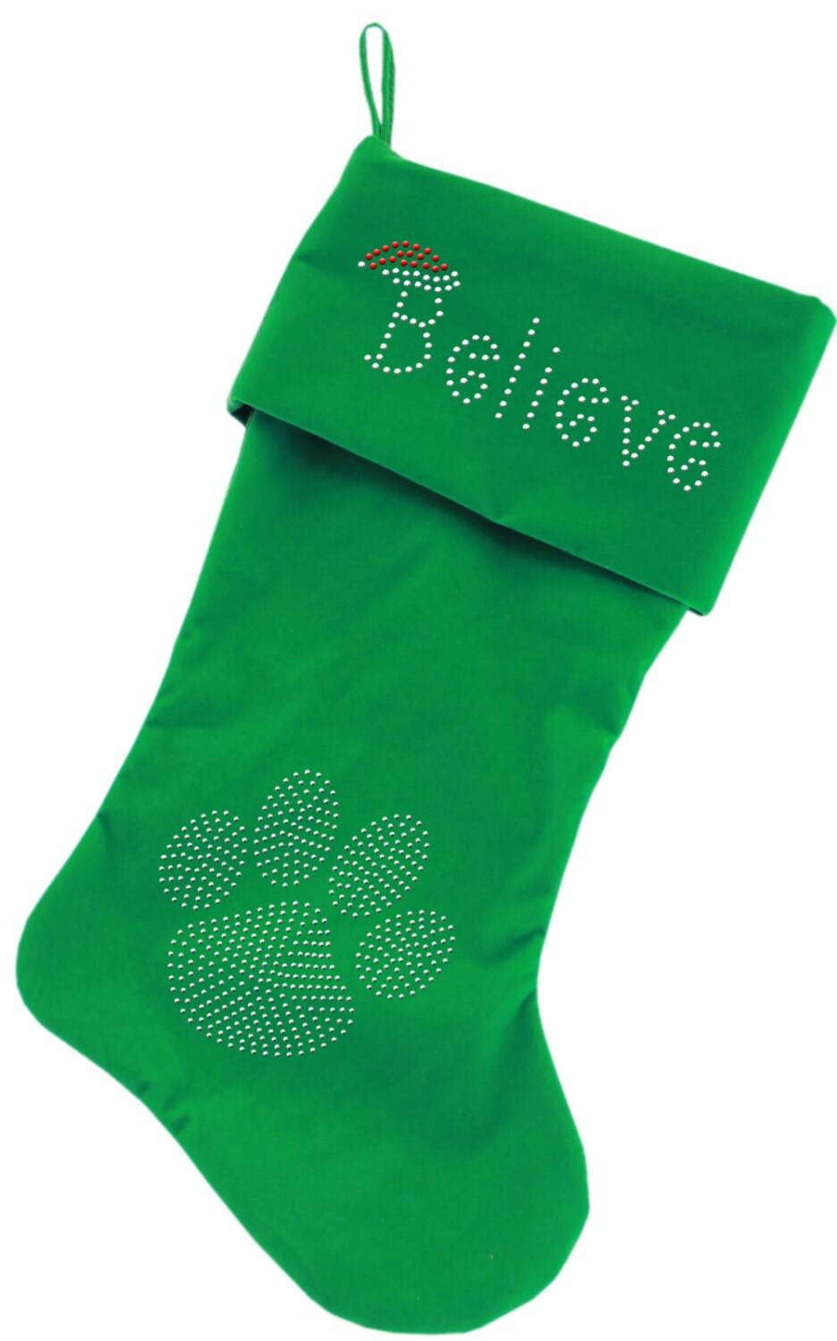 A luxurious 18-inch Christmas stocking made of soft velvet, featuring a sparkling rhinestone design that spells 'Believe', perfect for holiday decor.
