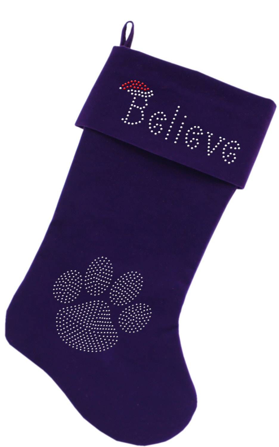 A luxurious 18-inch Christmas stocking made of soft velvet, featuring a sparkling rhinestone design that spells 'Believe', perfect for holiday decor.