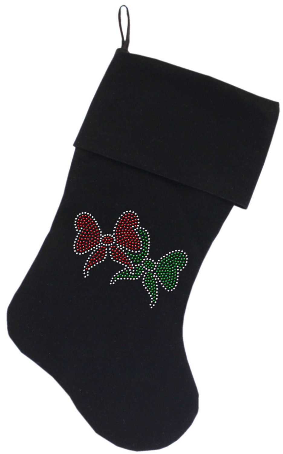Luxurious 18-inch Christmas stocking made of soft velvet, featuring festive rhinestone bows for a glamorous holiday touch.