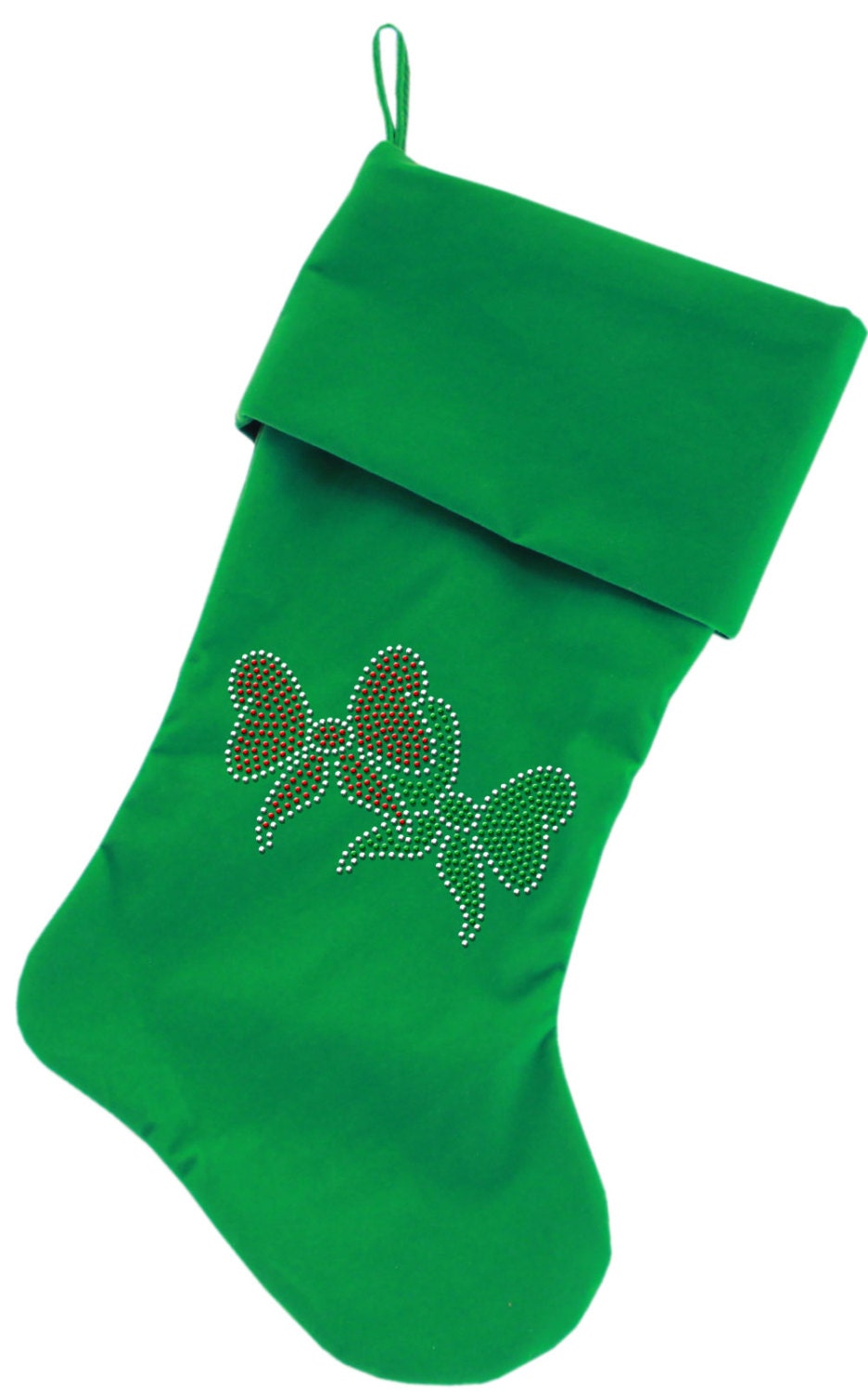 Luxurious 18-inch Christmas stocking made of soft velvet, featuring festive rhinestone bows for a glamorous holiday touch.