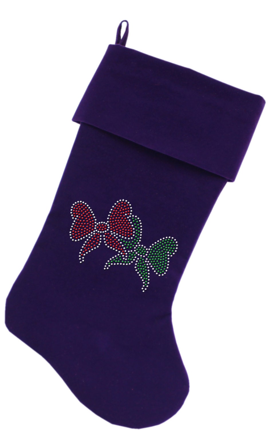 Luxurious 18-inch Christmas stocking made of soft velvet, featuring festive rhinestone bows for a glamorous holiday touch.